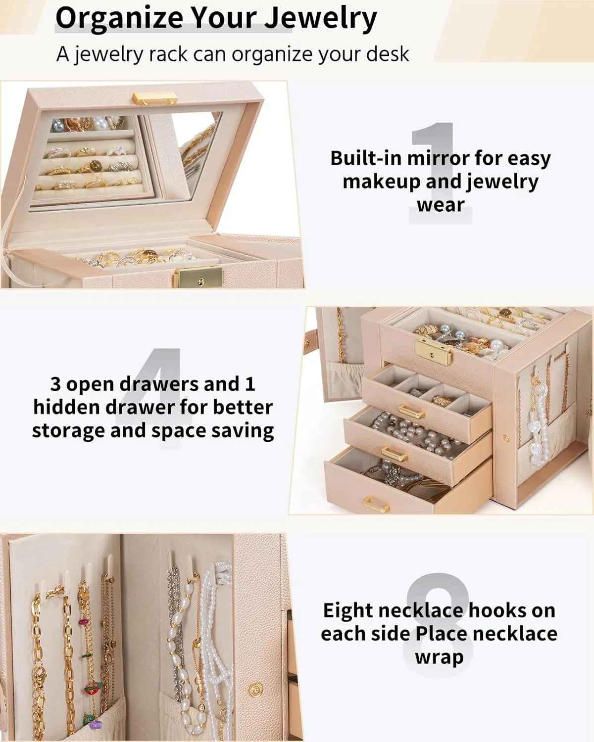 AKOZLIN 4-Tier Jewelry Box Leather Jewelry Storage Organizer with 3 Drawers Lockable for Women Girls Ring Necklace Earring Bracelet Watches Holder with Mirror Champagne