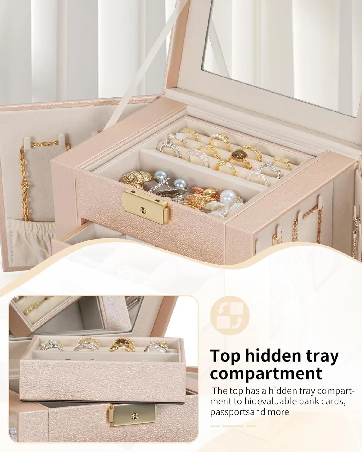 AKOZLIN 4-Tier Jewelry Box Leather Jewelry Storage Organizer with 3 Drawers Lockable for Women Girls Ring Necklace Earring Bracelet Watches Holder with Mirror Champagne