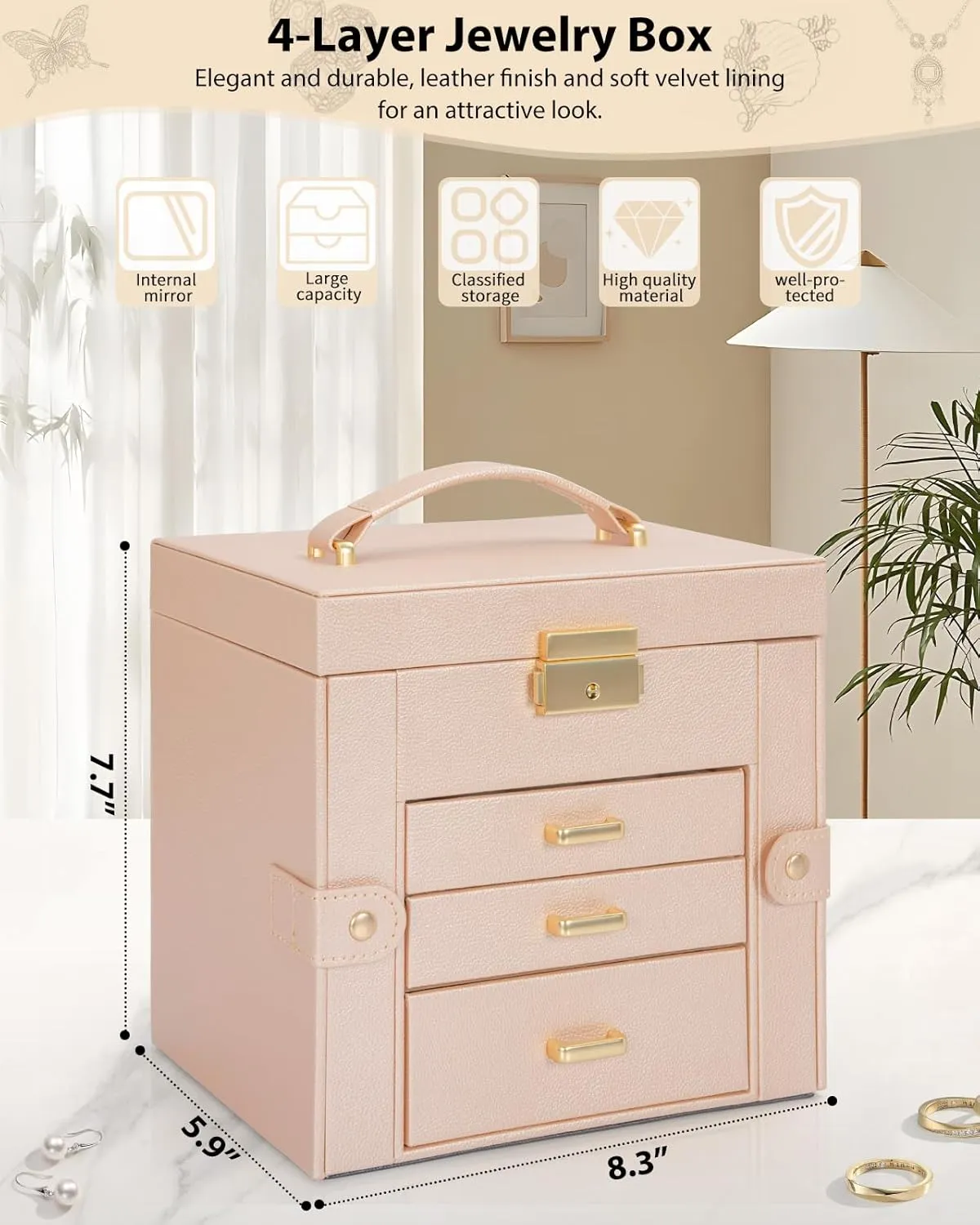 AKOZLIN 4-Tier Jewelry Box Leather Jewelry Storage Organizer with 3 Drawers Lockable for Women Girls Ring Necklace Earring Bracelet Watches Holder with Mirror Champagne