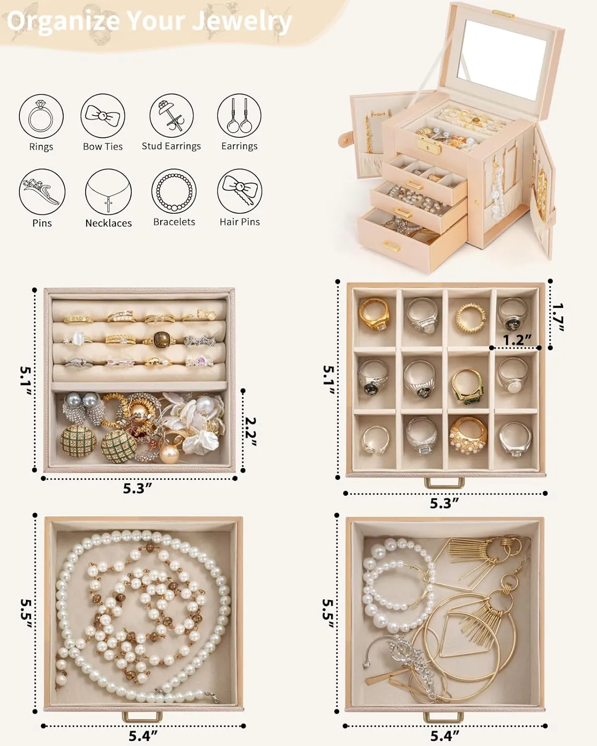 AKOZLIN 4-Tier Jewelry Box Leather Jewelry Storage Organizer with 3 Drawers Lockable for Women Girls Ring Necklace Earring Bracelet Watches Holder with Mirror Champagne