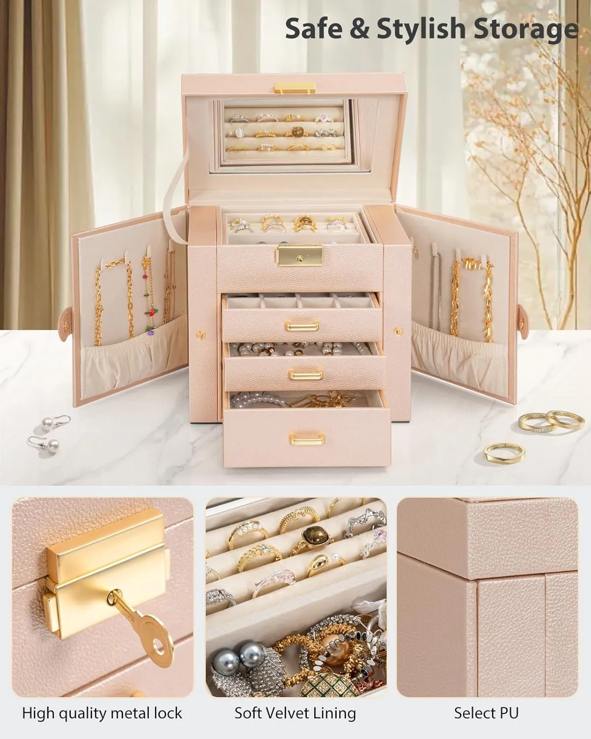 AKOZLIN 4-Tier Jewelry Box Leather Jewelry Storage Organizer with 3 Drawers Lockable for Women Girls Ring Necklace Earring Bracelet Watches Holder with Mirror Champagne