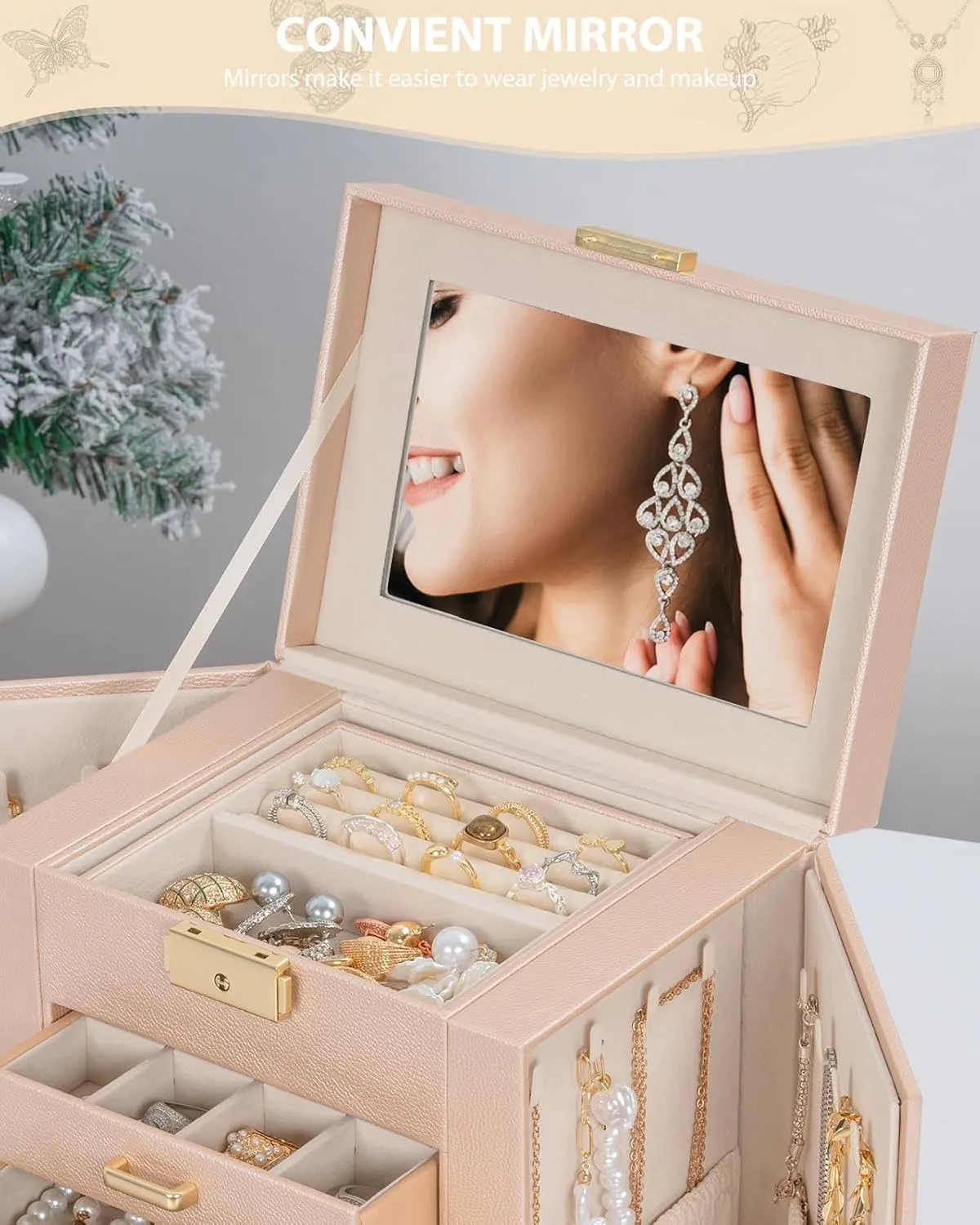 AKOZLIN 4-Tier Jewelry Box Leather Jewelry Storage Organizer with 3 Drawers Lockable for Women Girls Ring Necklace Earring Bracelet Watches Holder with Mirror Champagne