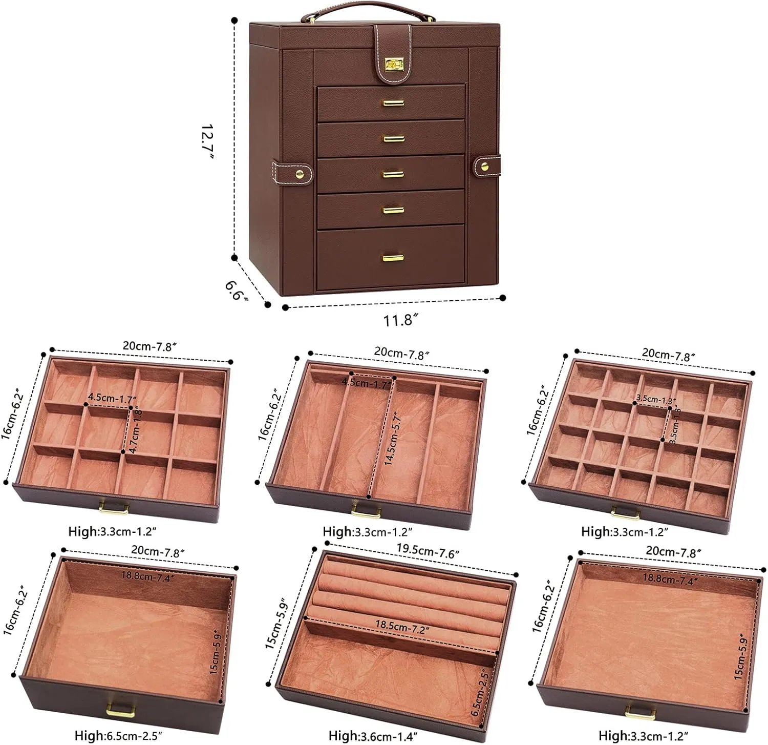 AKOZLIN Large 6-Tier Jewelry Box Organizer Functional Huge Lockable,5 Drawers Leather Jewelry Storage Case for Women Girls Ring Necklace Earring Bracelet Holder Organizer with Mirror Brown