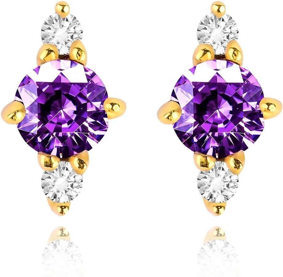 Alcor Designer Amethyst Stud Earrings for Women | 14K Gold Plated Silver Post Earrings| Hypoallergenic for Sensitive Ears | Elegant Gold Earrings with Purple Crystal | Minimalist & Luxury Jewelry Gift