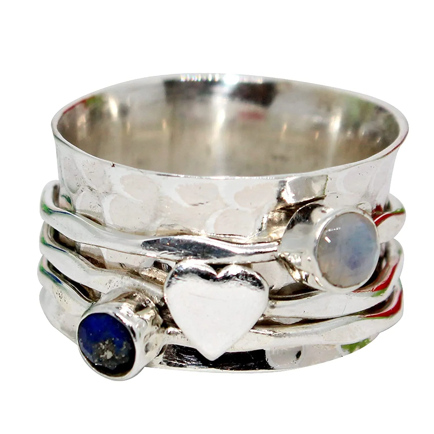 Amethyst, Moonstone Two Tiny Gemstone (Customisable) Hammered Sterling Silver Band Spinner Ring for Women, Spinning Ring, Hammered Ring, Heart Meditation Yoga Wide Band Ring for Girl, Size 8