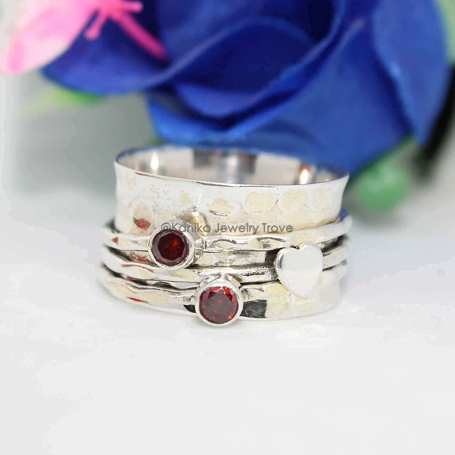 Amethyst, Moonstone Two Tiny Gemstone (Customisable) Hammered Sterling Silver Band Spinner Ring for Women, Spinning Ring, Hammered Ring, Heart Meditation Yoga Wide Band Ring for Girl, Size 8