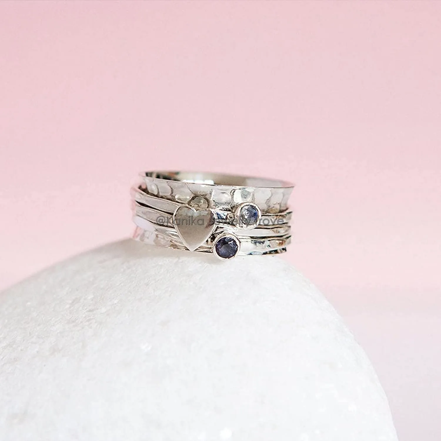 Amethyst, Moonstone Two Tiny Gemstone (Customisable) Hammered Sterling Silver Band Spinner Ring for Women, Spinning Ring, Hammered Ring, Heart Meditation Yoga Wide Band Ring for Girl, Size 8