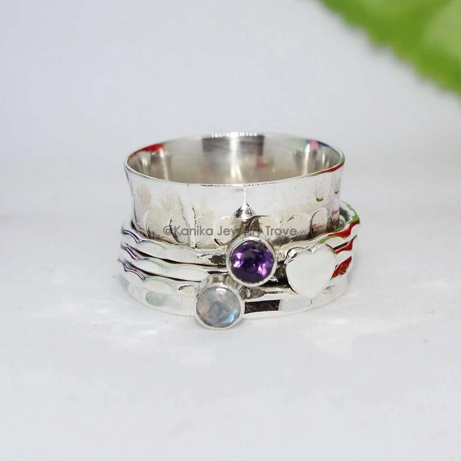 Amethyst, Moonstone Two Tiny Gemstone (Customisable) Hammered Sterling Silver Band Spinner Ring for Women, Spinning Ring, Hammered Ring, Heart Meditation Yoga Wide Band Ring for Girl, Size 8