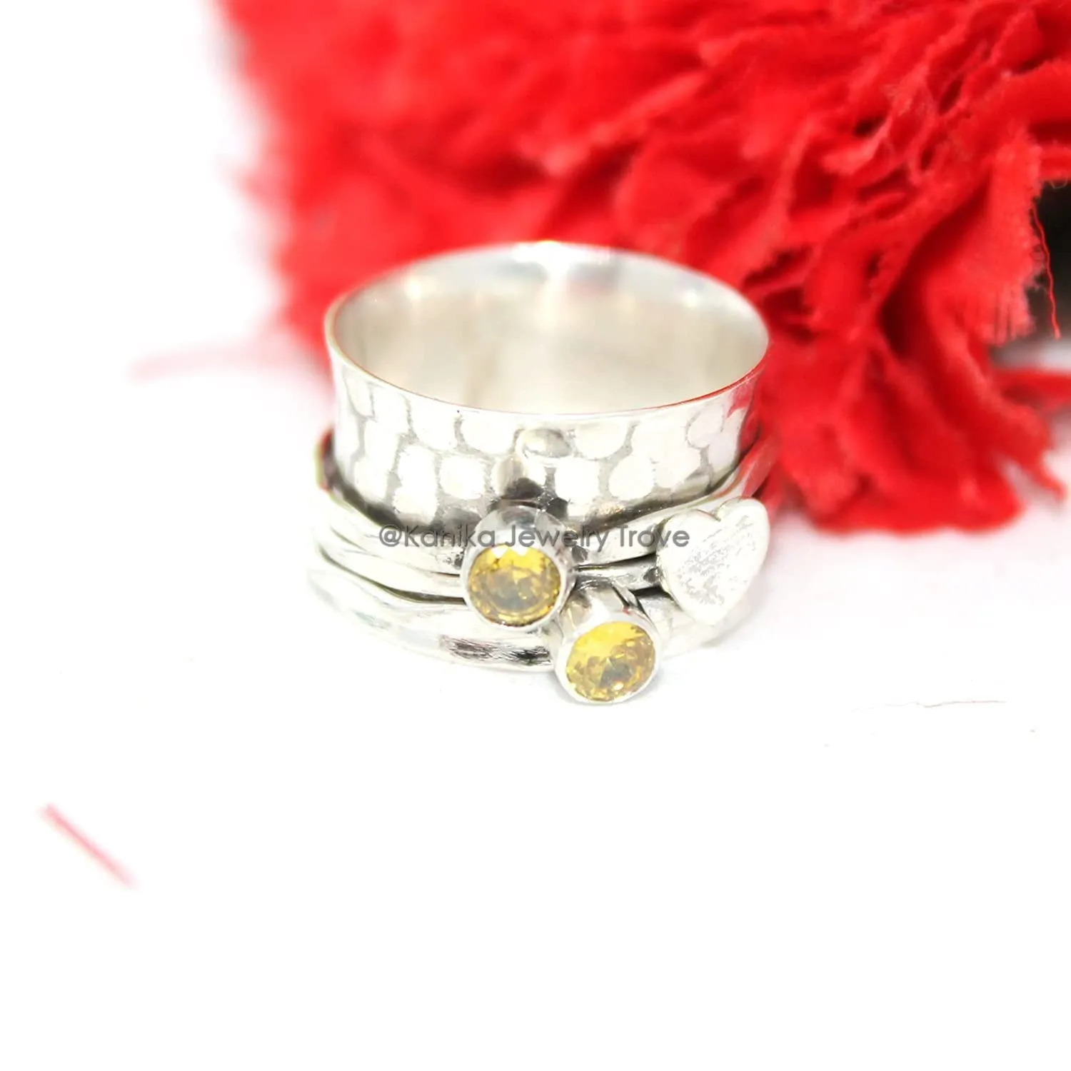 Amethyst, Moonstone Two Tiny Gemstone (Customisable) Hammered Sterling Silver Band Spinner Ring for Women, Spinning Ring, Hammered Ring, Heart Meditation Yoga Wide Band Ring for Girl, Size 8