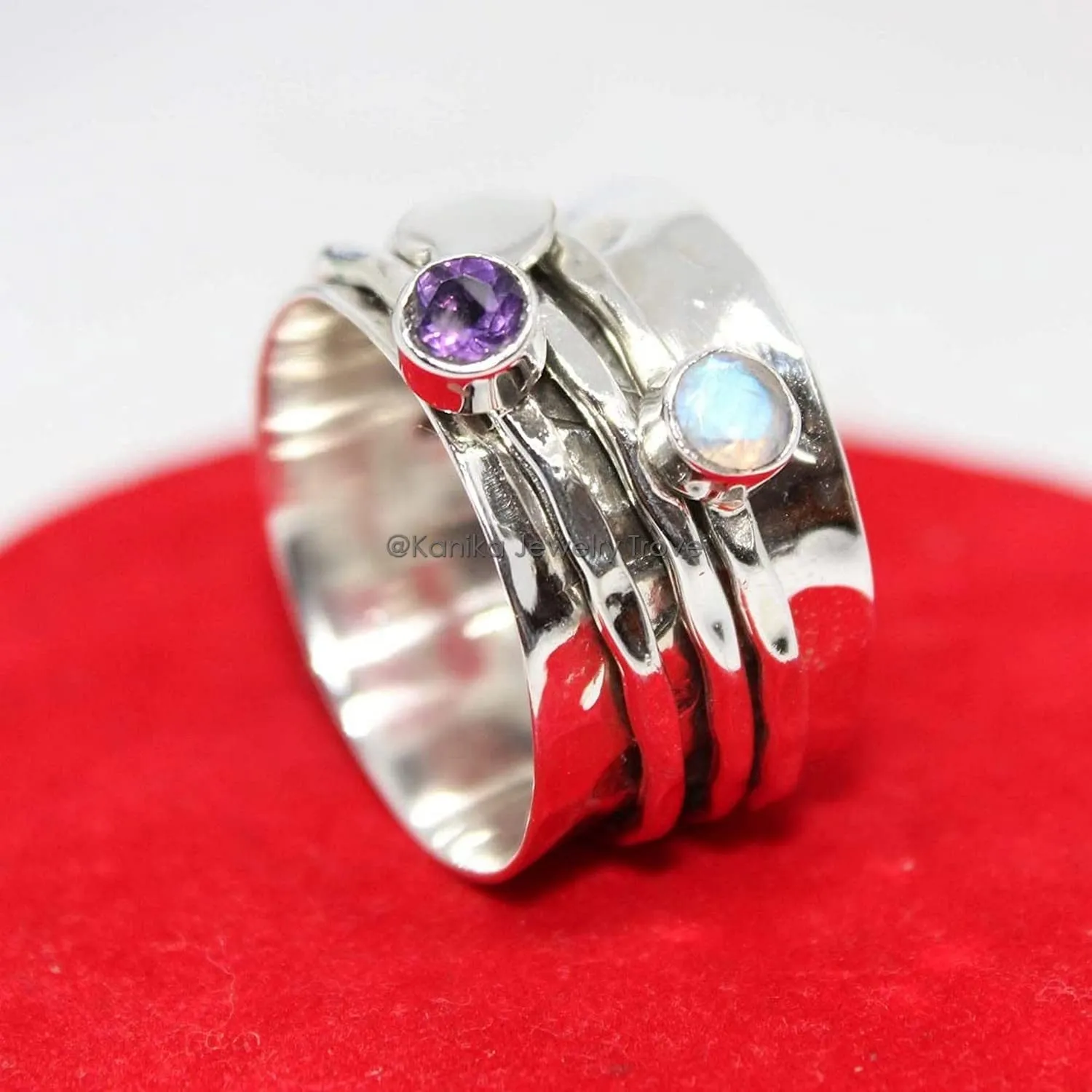 Amethyst, Moonstone Two Tiny Gemstone (Customisable) Hammered Sterling Silver Band Spinner Ring for Women, Spinning Ring, Hammered Ring, Heart Meditation Yoga Wide Band Ring for Girl, Size 8