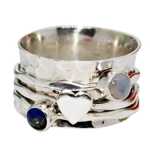 Amethyst, Moonstone Two Tiny Gemstone (Customisable) Hammered Sterling Silver Band Spinner Ring for Women, Spinning Ring, Hammered Ring, Heart Meditation Yoga Wide Band Ring for Girl, Size 8