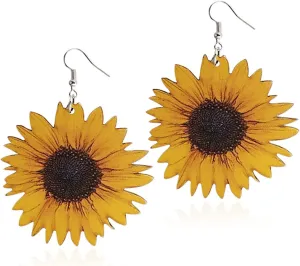 ANDPAI 3D Wooden Daisy Drop Earrings - Unique Handmade Bohemian Sunflower Dangle Earrings in Yellow
