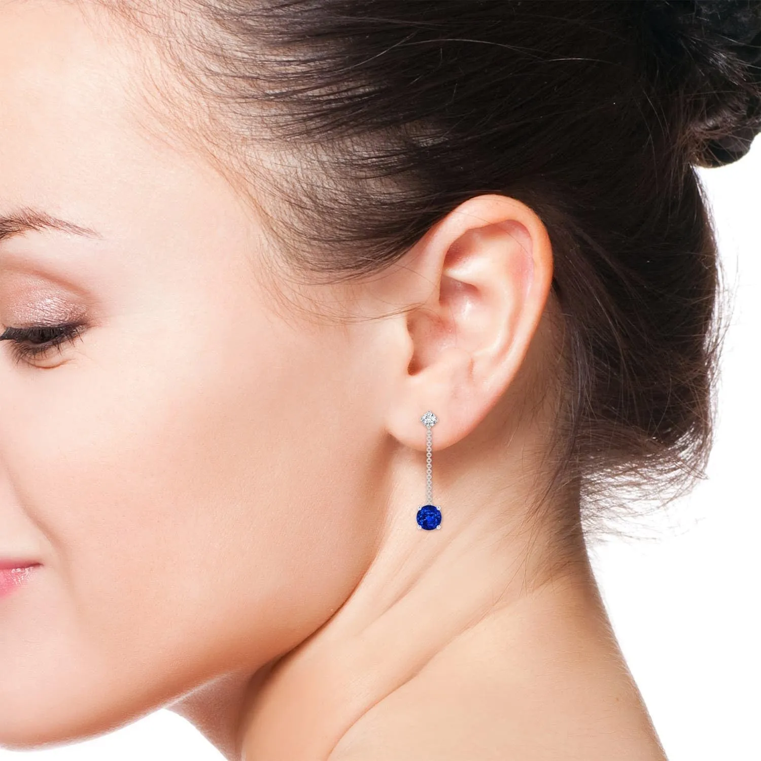 ANGARA Lab Grown Yard Chain Blue Sapphire and Diamond Drop Earrings in 14K Solid Gold/Platinum | September Birthstone, Birthday, Engagement, Anniversary, Wedding Jewelry Gift for Women