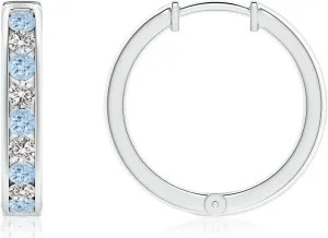 ANGARA Natural Channel-Set Aquamarine and Diamond Hinged Hoop Earrings in 14K Solid Gold/Platinum | March Birthstone, Birthday, Engagement, Anniversary, Wedding Jewelry Gift for Women