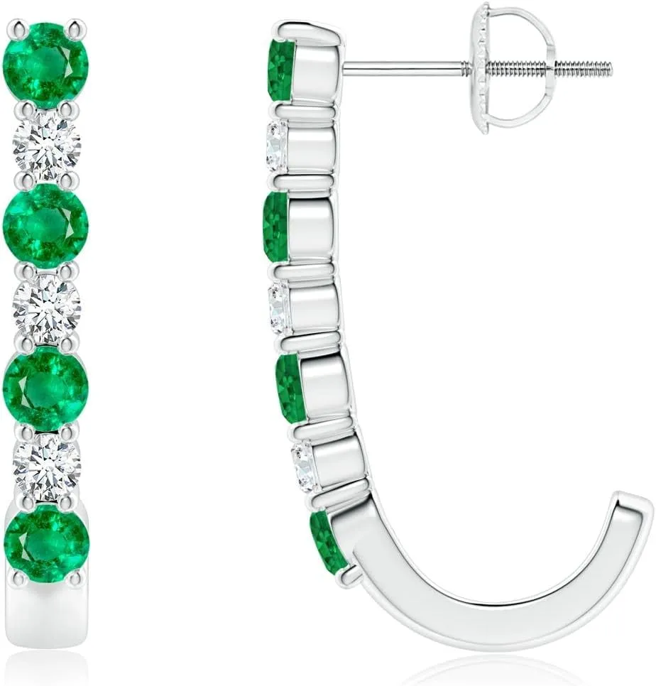 ANGARA Natural Emerald and Diamond J-Hoop Earrings in 14K Solid Gold/Platinum | May Birthstone, Birthday, Engagement, Anniversary, Wedding Jewelry Gift for Women