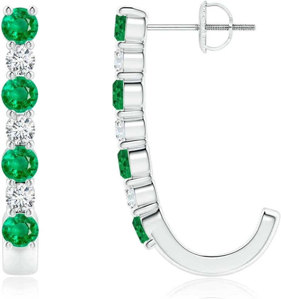 ANGARA Natural Emerald and Diamond J-Hoop Earrings in 14K Solid Gold/Platinum | May Birthstone, Birthday, Engagement, Anniversary, Wedding Jewelry Gift for Women