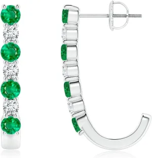 ANGARA Natural Emerald and Diamond J-Hoop Earrings in 14K Solid Gold/Platinum | May Birthstone, Birthday, Engagement, Anniversary, Wedding Jewelry Gift for Women