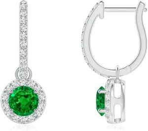 ANGARA Natural Round Emerald Dangle Earrings with Diamond Halo in 14K Solid Gold/Platinum | May Birthstone, Birthday, Engagement, Anniversary, Wedding Jewelry Gift for Women