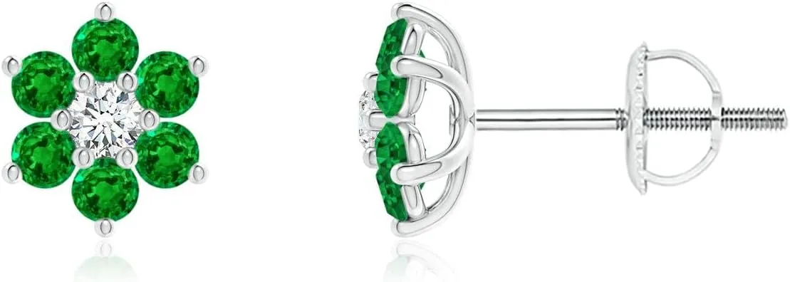 ANGARA Natural Six Petal Diamond and Emerald Flower Stud Earrings in 14K Solid Gold/Platinum | May Birthstone, Birthday, Engagement, Anniversary, Wedding Jewelry Gift for Women