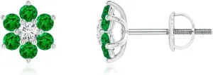 ANGARA Natural Six Petal Diamond and Emerald Flower Stud Earrings in 14K Solid Gold/Platinum | May Birthstone, Birthday, Engagement, Anniversary, Wedding Jewelry Gift for Women