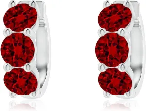 ANGARA Round Lab Grown Ruby Three Stone Hoop Earrings in 14K Solid Gold/Platinum | July Birthstone, Birthday, Engagement, Anniversary, Wedding Jewelry Gift for Women