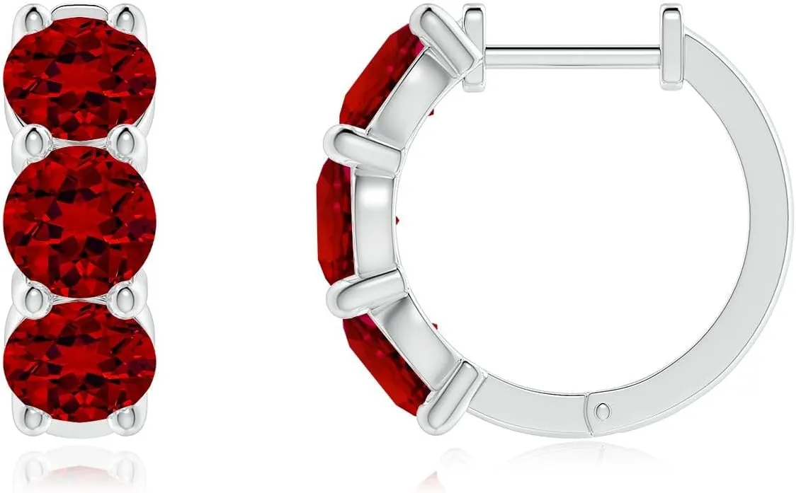 ANGARA Round Lab Grown Ruby Three Stone Hoop Earrings in 14K Solid Gold/Platinum | July Birthstone, Birthday, Engagement, Anniversary, Wedding Jewelry Gift for Women