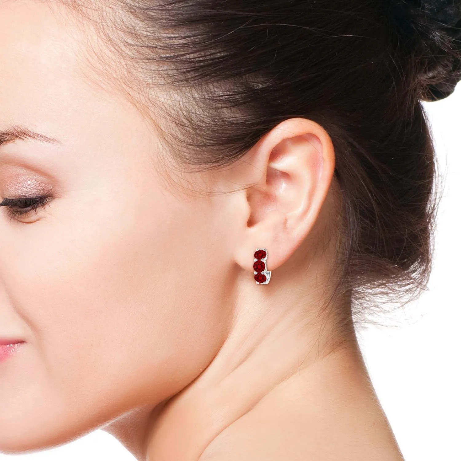 ANGARA Round Lab Grown Ruby Three Stone Hoop Earrings in 14K Solid Gold/Platinum | July Birthstone, Birthday, Engagement, Anniversary, Wedding Jewelry Gift for Women
