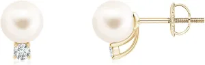 ANGARA Solitaire Freshwater Pearl Studs with Diamond in 14K Solid Gold/Platinum | June Birthstone, Birthday, Engagement, Anniversary, Wedding Jewelry Gift for Women