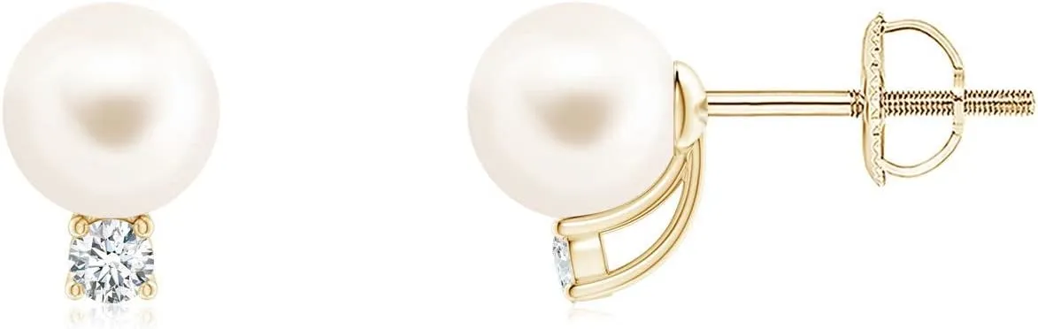 ANGARA Solitaire Freshwater Pearl Studs with Diamond in 14K Solid Gold/Platinum | June Birthstone, Birthday, Engagement, Anniversary, Wedding Jewelry Gift for Women