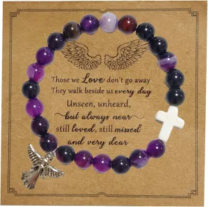 Angel Charm Cross Bracelets for Women Stone Beaded Stretch Bracelet Religious Protection Jewelry Bracelet