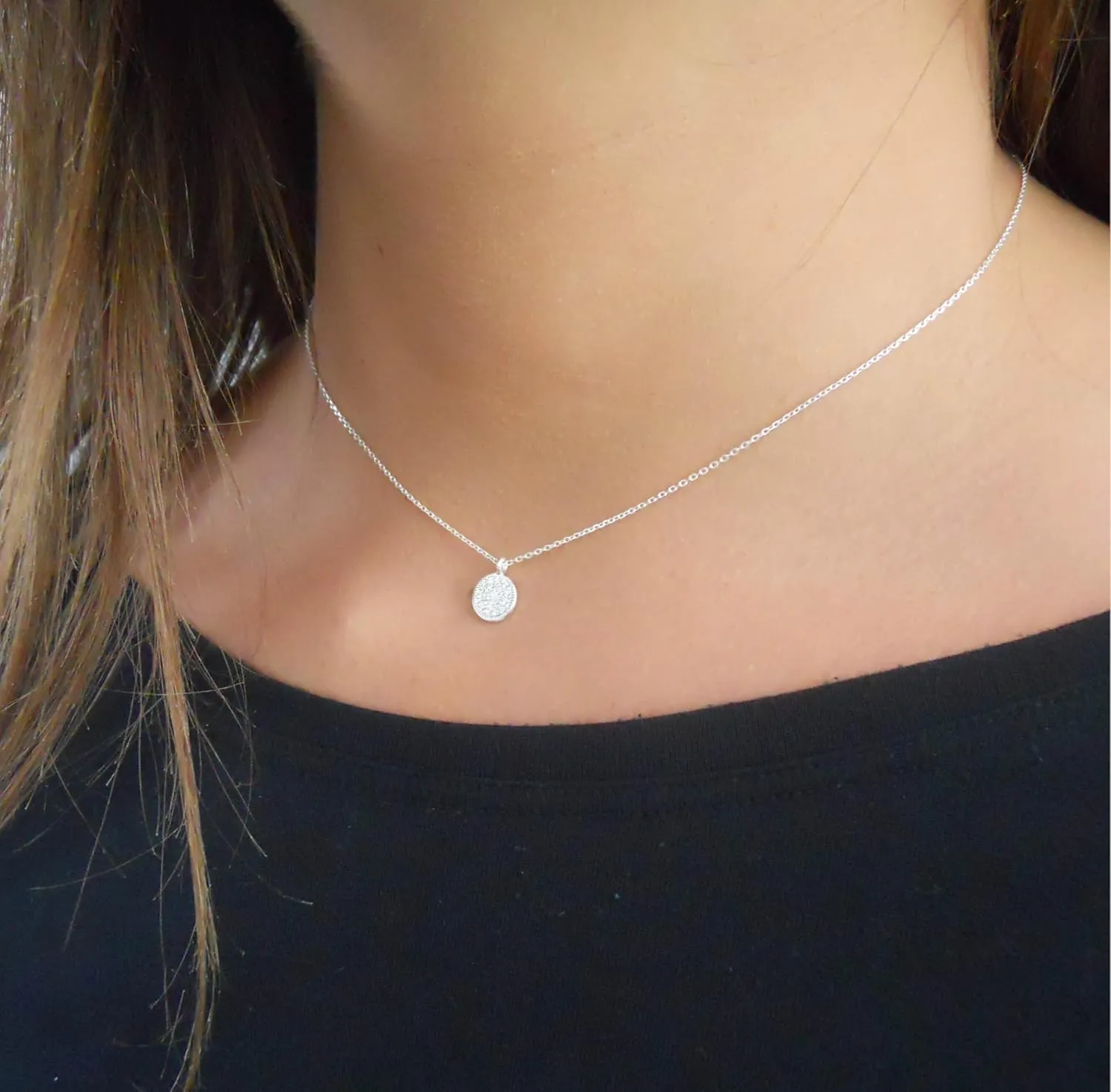 Annika Bella Medallion Choker Necklace for Women, Length 15-17 Inches, Tiny Coin Disc Charm Pendant Short Necklaces, Tarnish-Resistant, 925 Sterling Silver, Dainty Gift for Her (Silver)