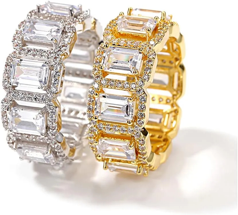 Apzzic Square Diamond Rings Iced Out Cubic Zirconia Micro Pave Hip Hop Fashion Wedding Eternity Band Ring for Men Women