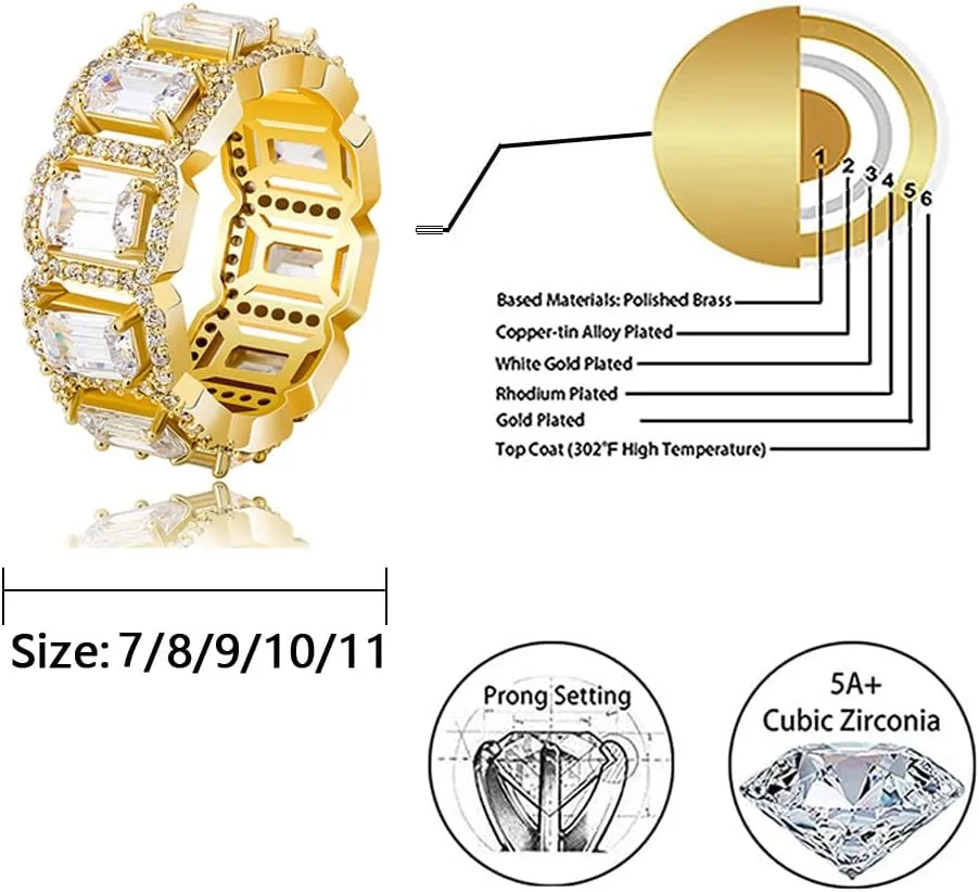 Apzzic Square Diamond Rings Iced Out Cubic Zirconia Micro Pave Hip Hop Fashion Wedding Eternity Band Ring for Men Women