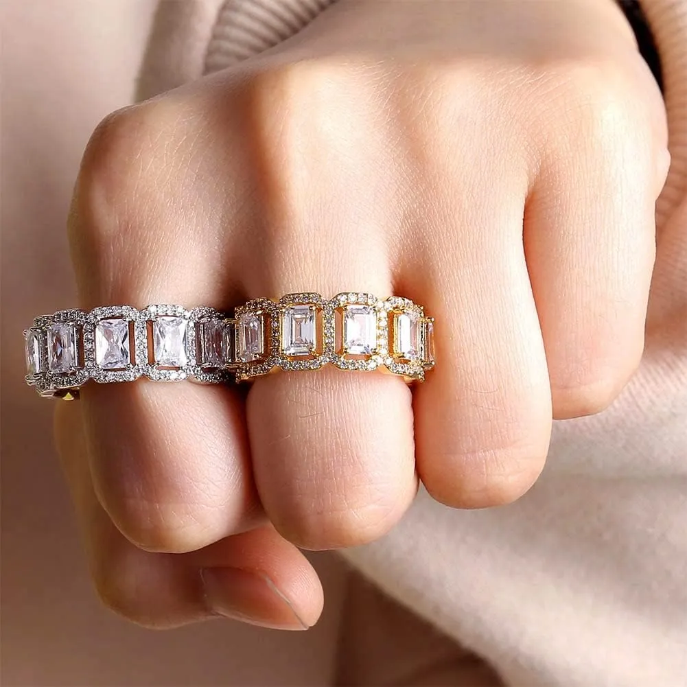 Apzzic Square Diamond Rings Iced Out Cubic Zirconia Micro Pave Hip Hop Fashion Wedding Eternity Band Ring for Men Women