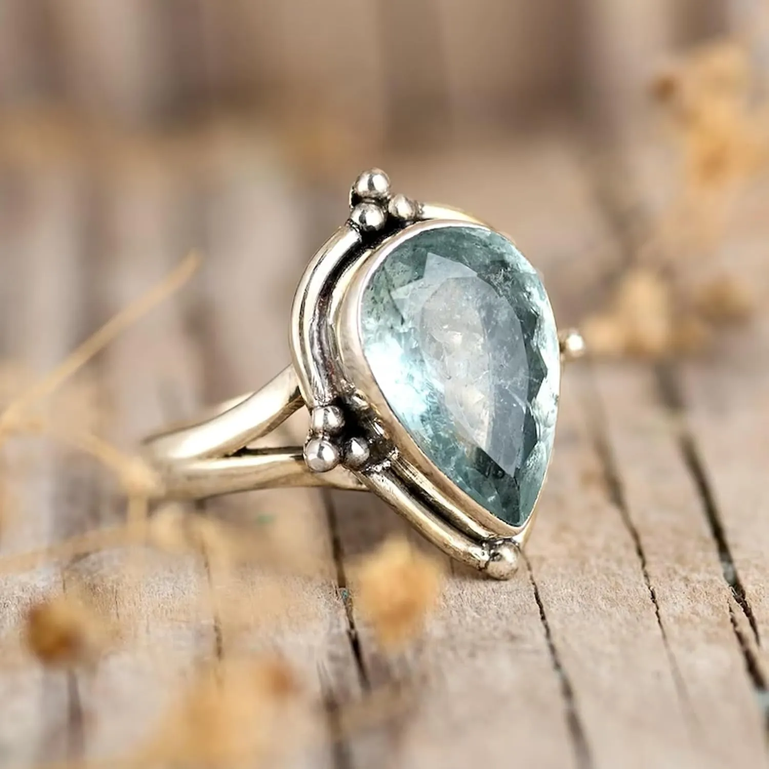 Aquamarine Sterling Silver Boho Ring - Natural Blue Stone Statement Ring