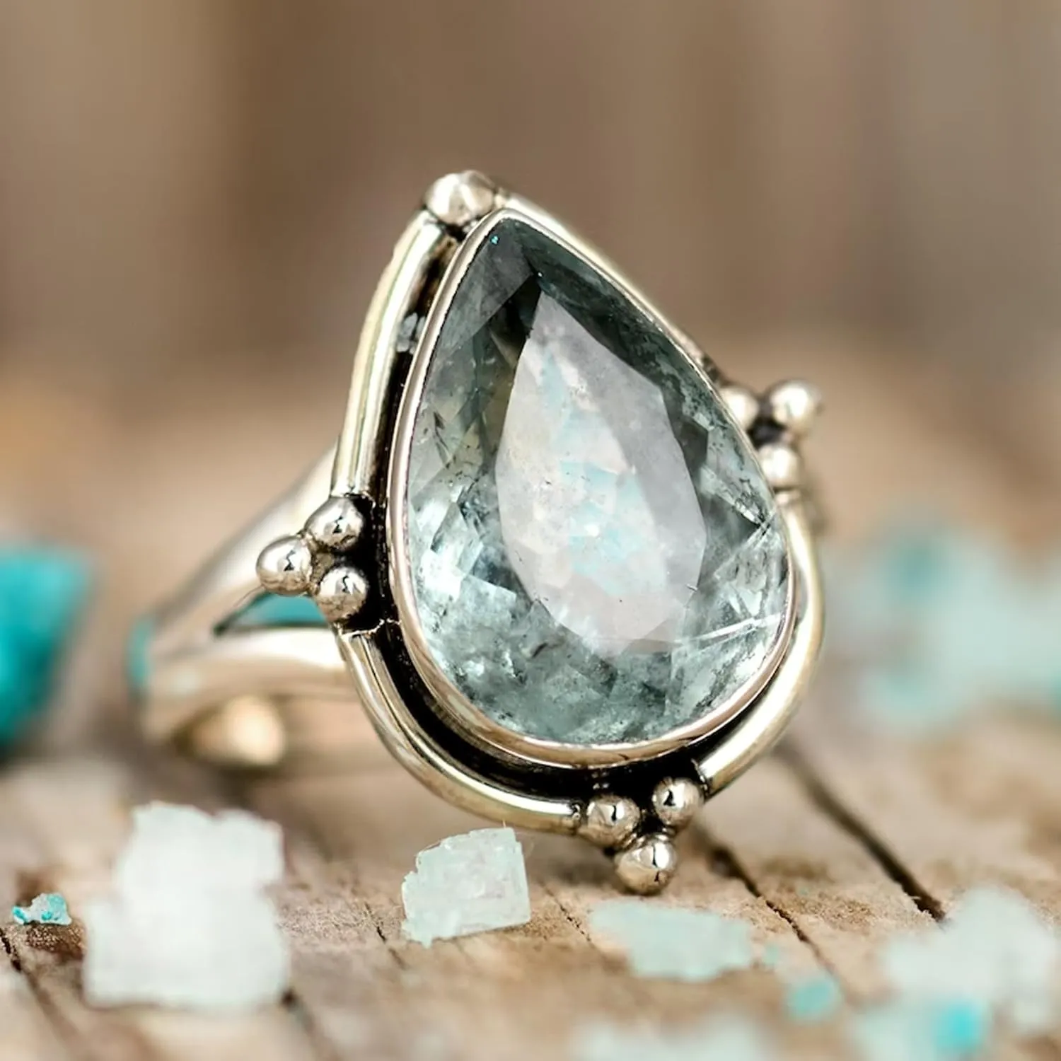 Aquamarine Sterling Silver Boho Ring - Natural Blue Stone Statement Ring