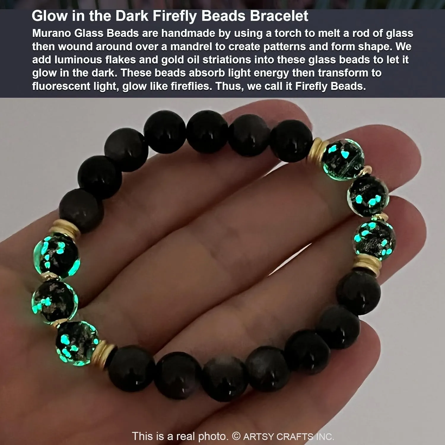 ARTSY Crafts Glow in the Dark Firefly Beads   Gemstone Beads Bracelets, 8mm Natural Crystal Stone Beaded Bracelets for Women Anti Anxiety Healing Energy Money Wealth Prosperity Abundance Luck Feng Shui Chakra Grounding