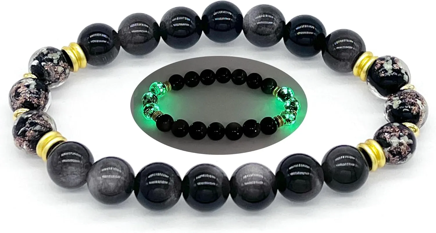ARTSY Crafts Glow in the Dark Firefly Beads   Gemstone Beads Bracelets, 8mm Natural Crystal Stone Beaded Bracelets for Women Anti Anxiety Healing Energy Money Wealth Prosperity Abundance Luck Feng Shui Chakra Grounding
