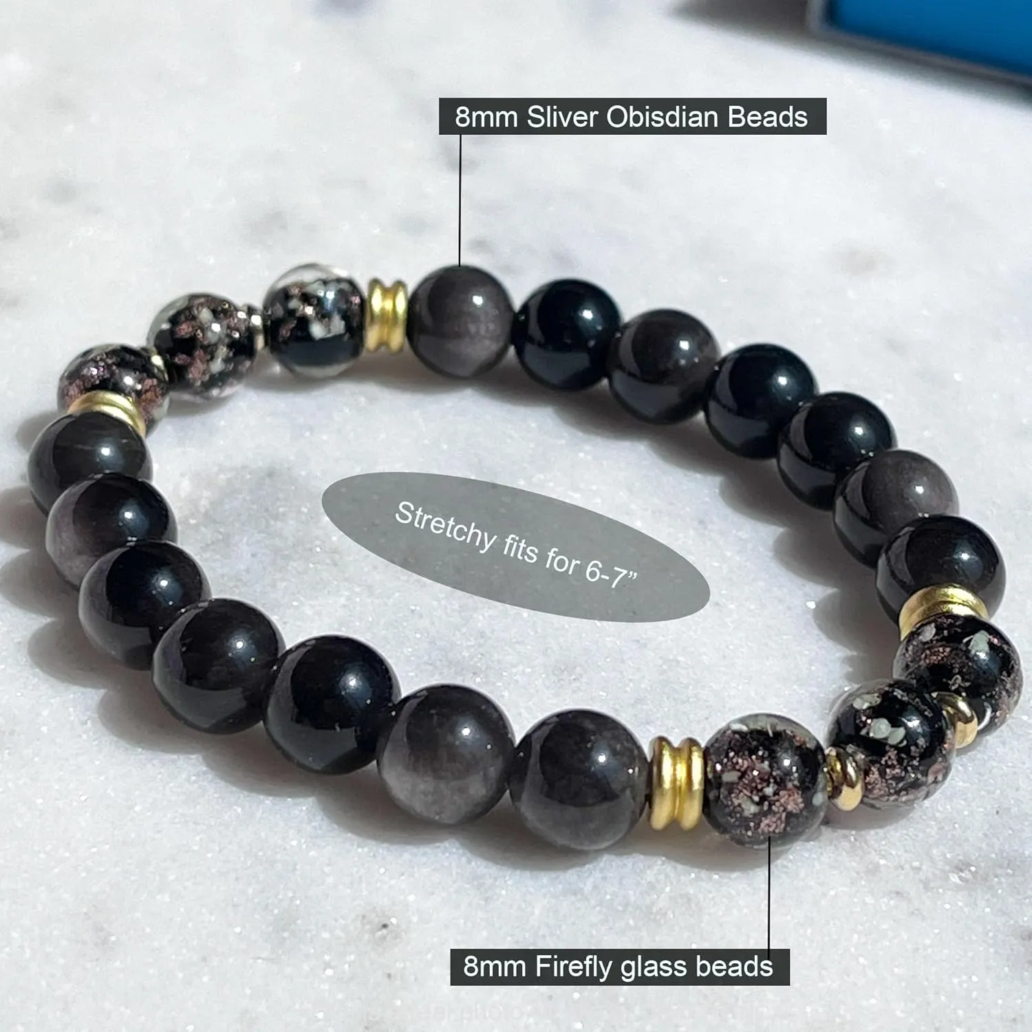 ARTSY Crafts Glow in the Dark Firefly Beads   Gemstone Beads Bracelets, 8mm Natural Crystal Stone Beaded Bracelets for Women Anti Anxiety Healing Energy Money Wealth Prosperity Abundance Luck Feng Shui Chakra Grounding