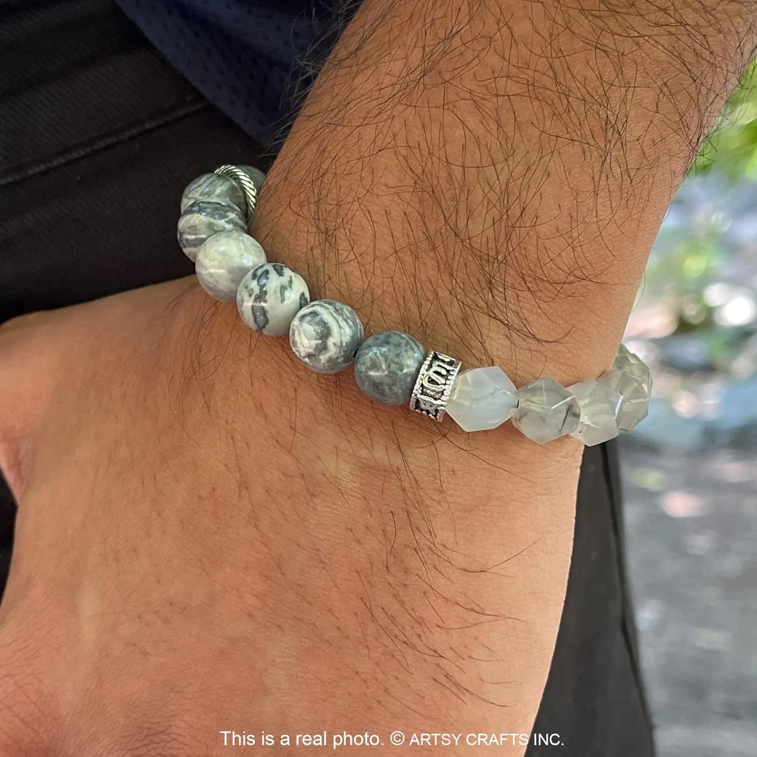 ARTSY Crafts Natural Gemstone Beads Bracelets for Men, Semi-Precious Stone Wristlets Grounding Chakra Healing Crystal Beaded Bracelets Meditation Anxiety Bangle, Adjustable 7" - 9" (Grey Map Jasper)
