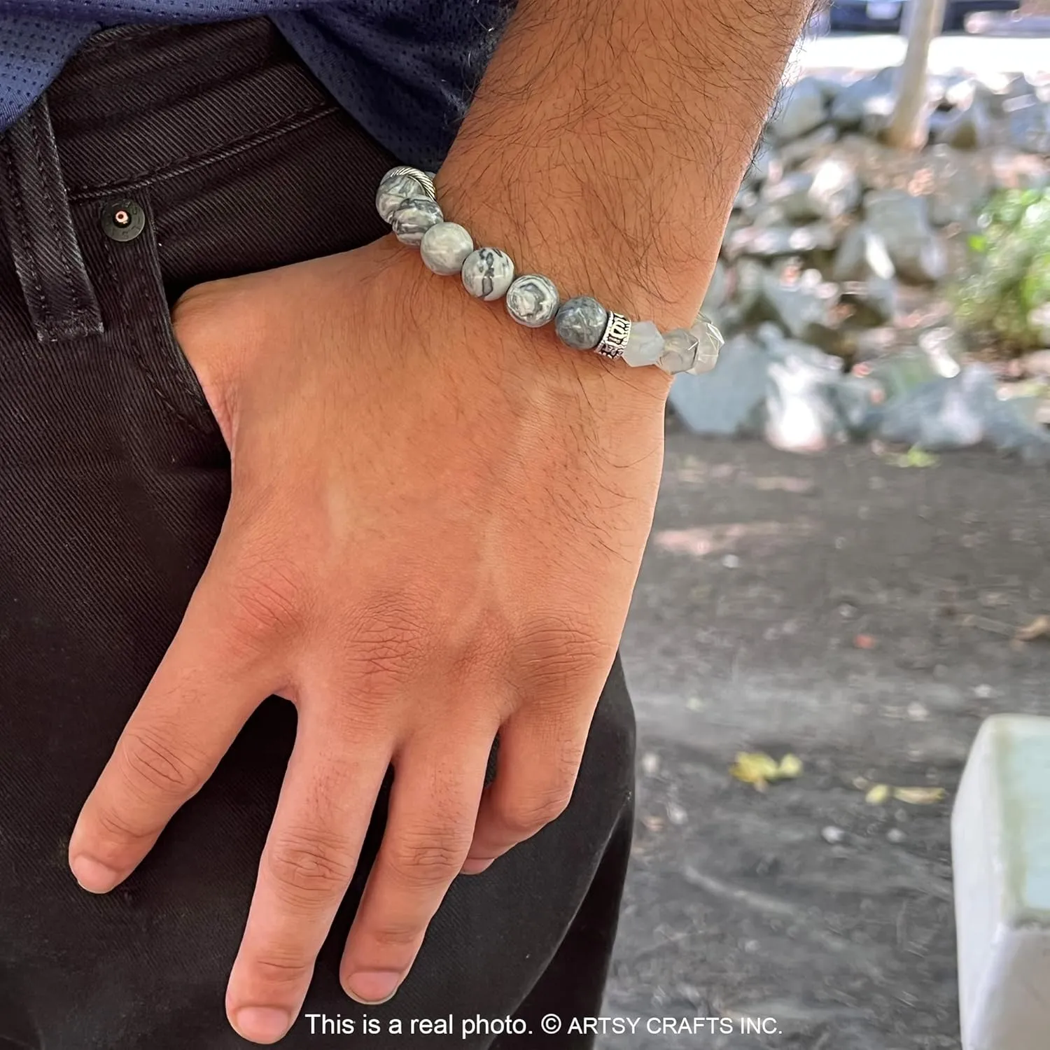 ARTSY Crafts Natural Gemstone Beads Bracelets for Men, Semi-Precious Stone Wristlets Grounding Chakra Healing Crystal Beaded Bracelets Meditation Anxiety Bangle, Adjustable 7" - 9" (Grey Map Jasper)