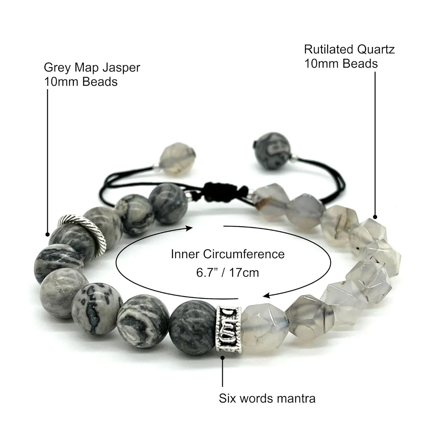 ARTSY Crafts Natural Gemstone Beads Bracelets for Men, Semi-Precious Stone Wristlets Grounding Chakra Healing Crystal Beaded Bracelets Meditation Anxiety Bangle, Adjustable 7" - 9" (Grey Map Jasper)