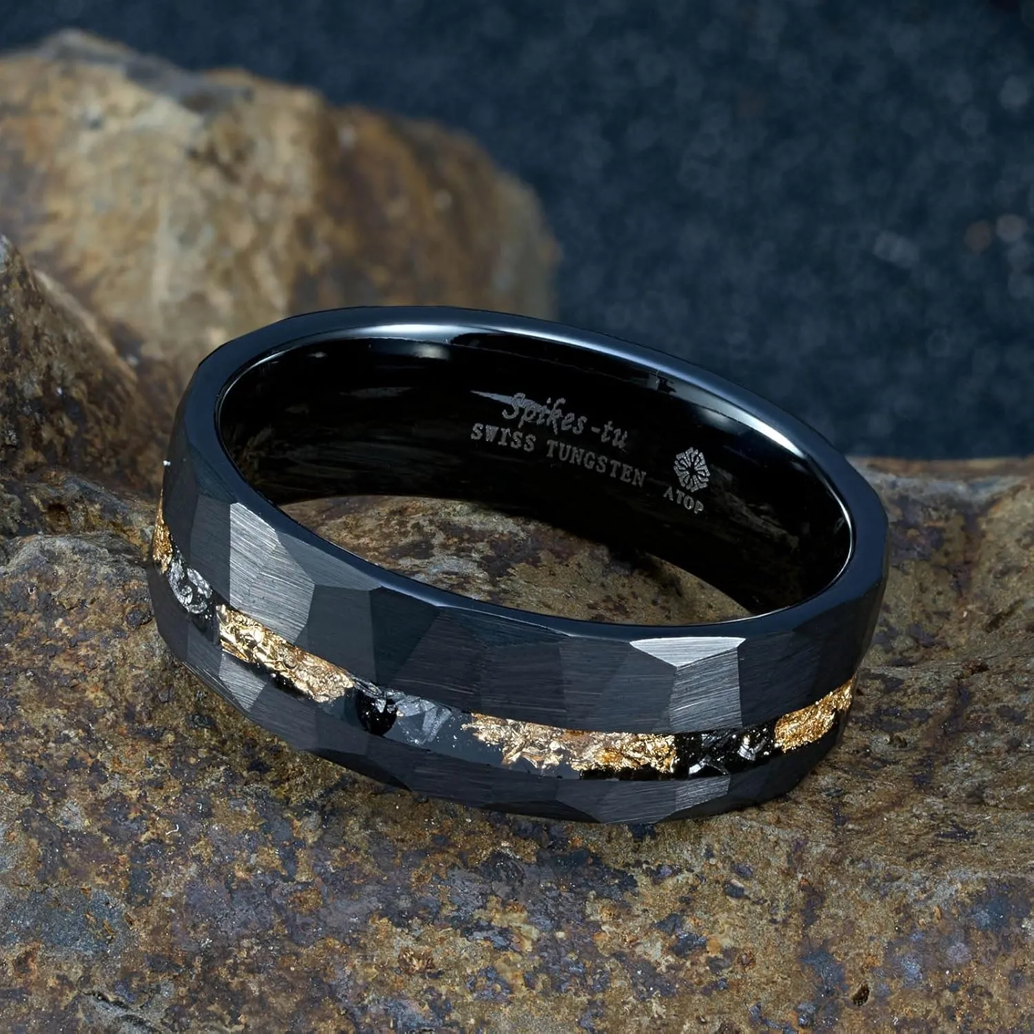 ATOP 8mm Black Silver Gold Tungsten Ring Line Foil & Meteorite Hammered Men Carbide Wedding Band Male Jewelry