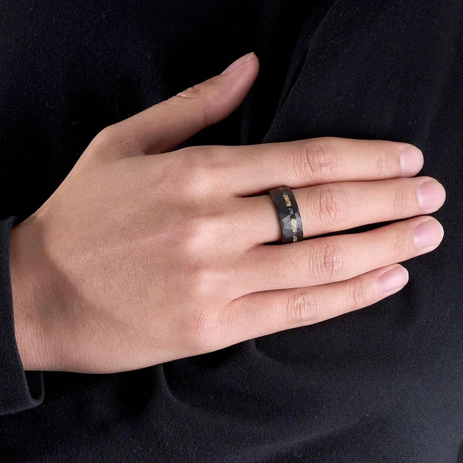 ATOP 8mm Black Silver Gold Tungsten Ring Line Foil & Meteorite Hammered Men Carbide Wedding Band Male Jewelry