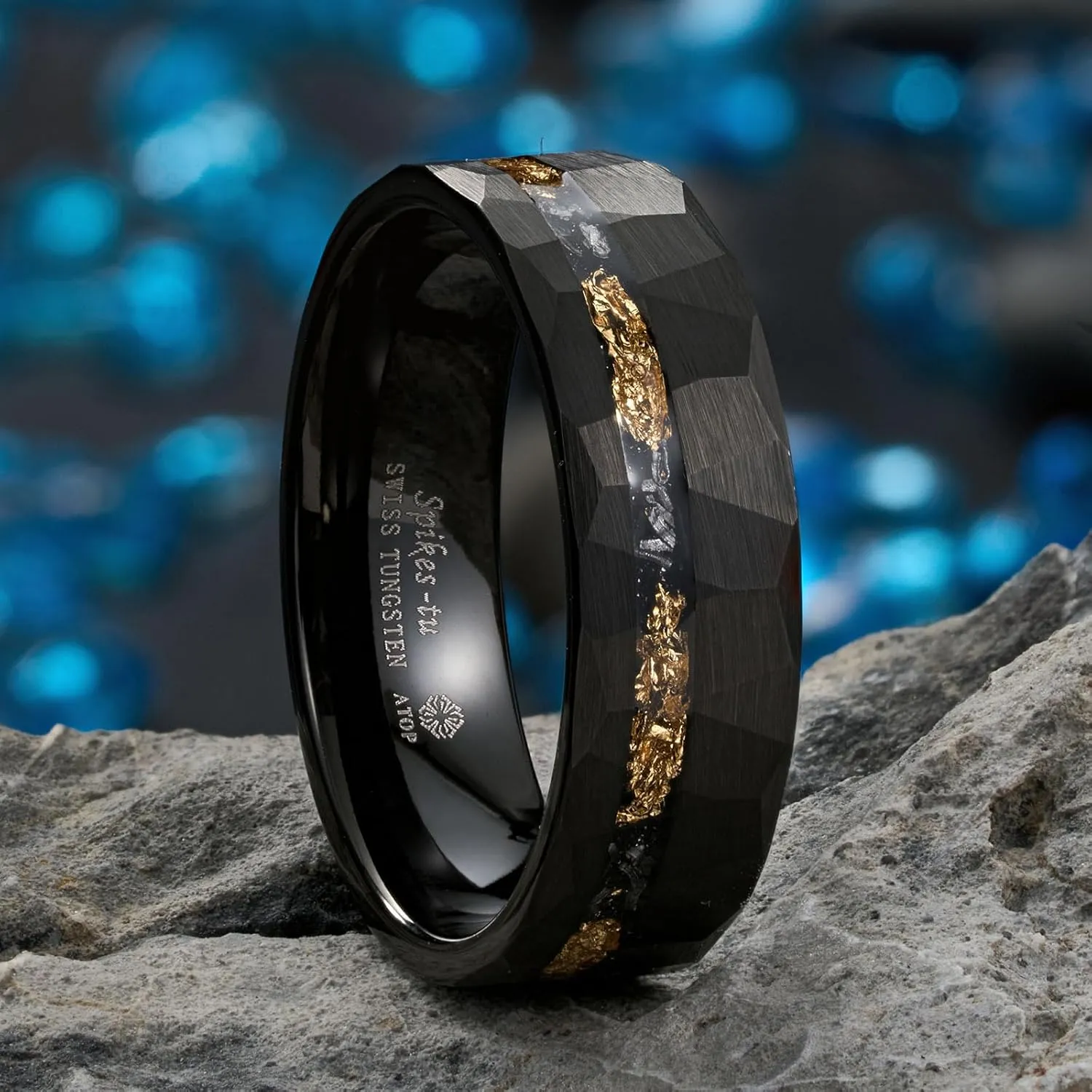 ATOP 8mm Black Silver Gold Tungsten Ring Line Foil & Meteorite Hammered Men Carbide Wedding Band Male Jewelry