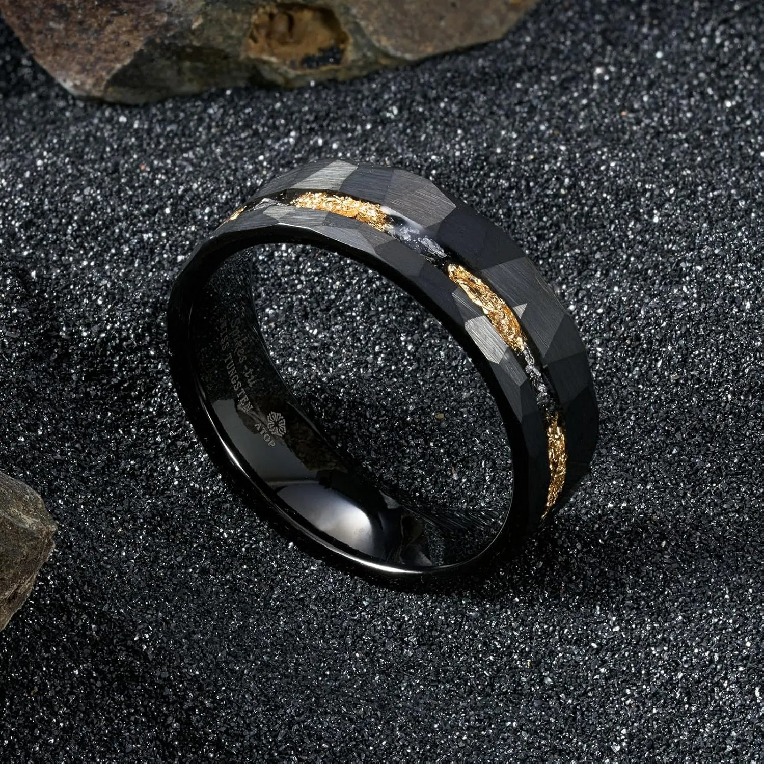 ATOP 8mm Black Silver Gold Tungsten Ring Line Foil & Meteorite Hammered Men Carbide Wedding Band Male Jewelry