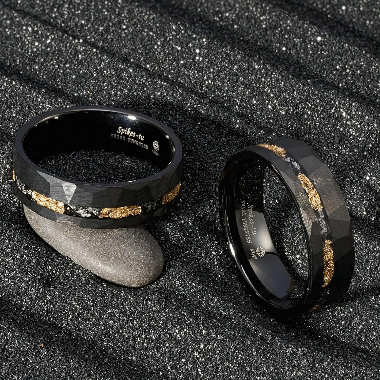 ATOP 8mm Black Silver Gold Tungsten Ring Line Foil & Meteorite Hammered Men Carbide Wedding Band Male Jewelry