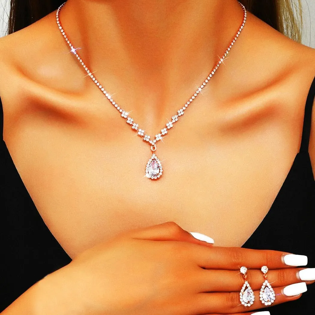 Aukmla Bride Wedding Necklace Earrings Set Silver Rhinestones Necklaces Bridal Crystal Jewelry Accessories for Women (Set of 3)