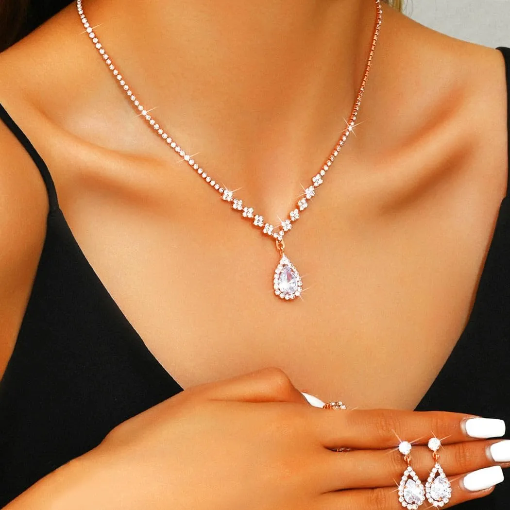 Aukmla Bride Wedding Necklace Earrings Set Silver Rhinestones Necklaces Bridal Crystal Jewelry Accessories for Women (Set of 3)