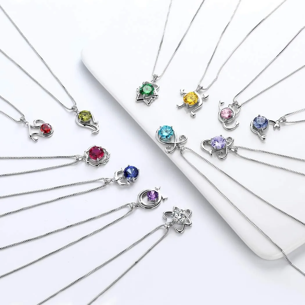 Aurora Tears Zodiac Constellation Necklaces Women 925 Sterling Silver Crystal Birthstone Pendant Cubic Zirconia Birth Jewelry Charm Dating Jewelry
